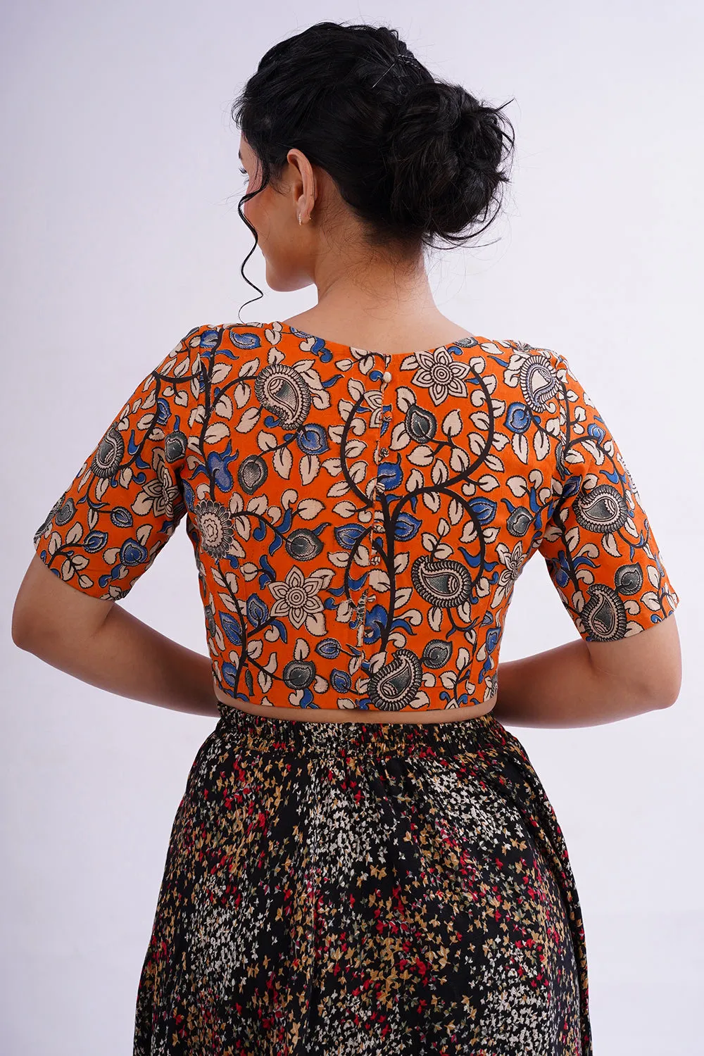 Naidu Hall Round Neck Elbow Sleeve Women's Handloom Cotton Saree Printed1 Front Open Blouse - Orange