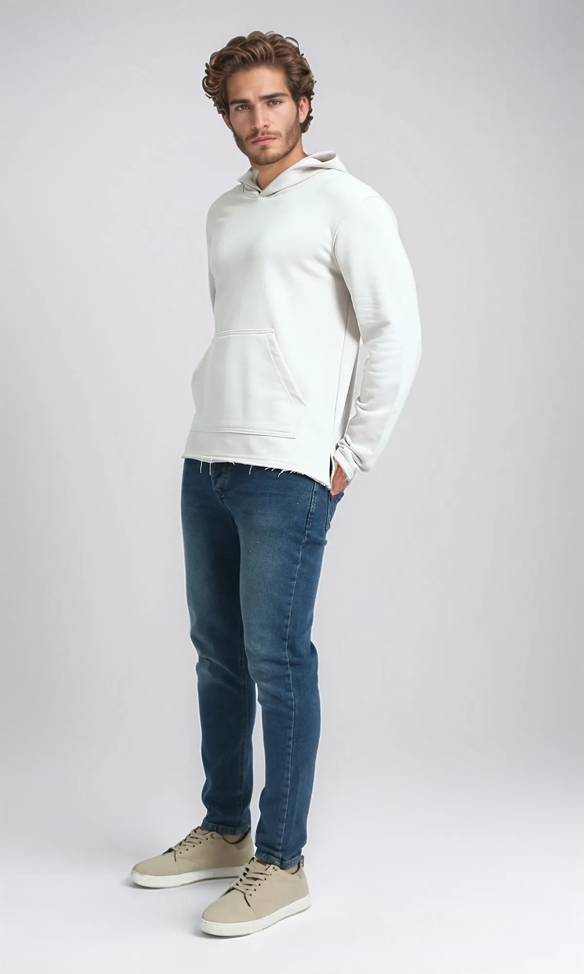 O202187 - Solid Long Sleeves Hoodie - Light Beige