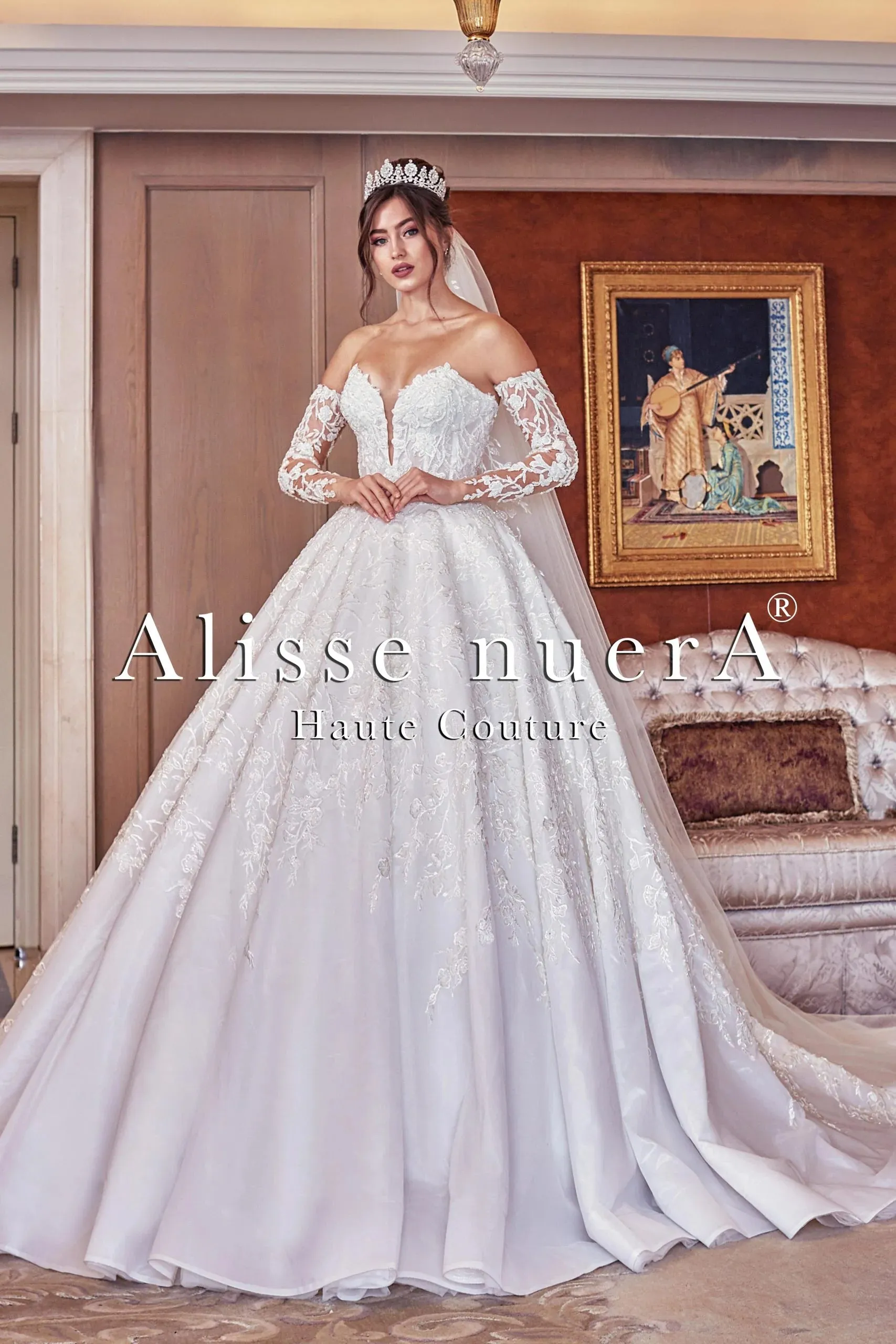 Off Shoulder Long Sleeve Romantic Wedding Dress with Princess Silhouette