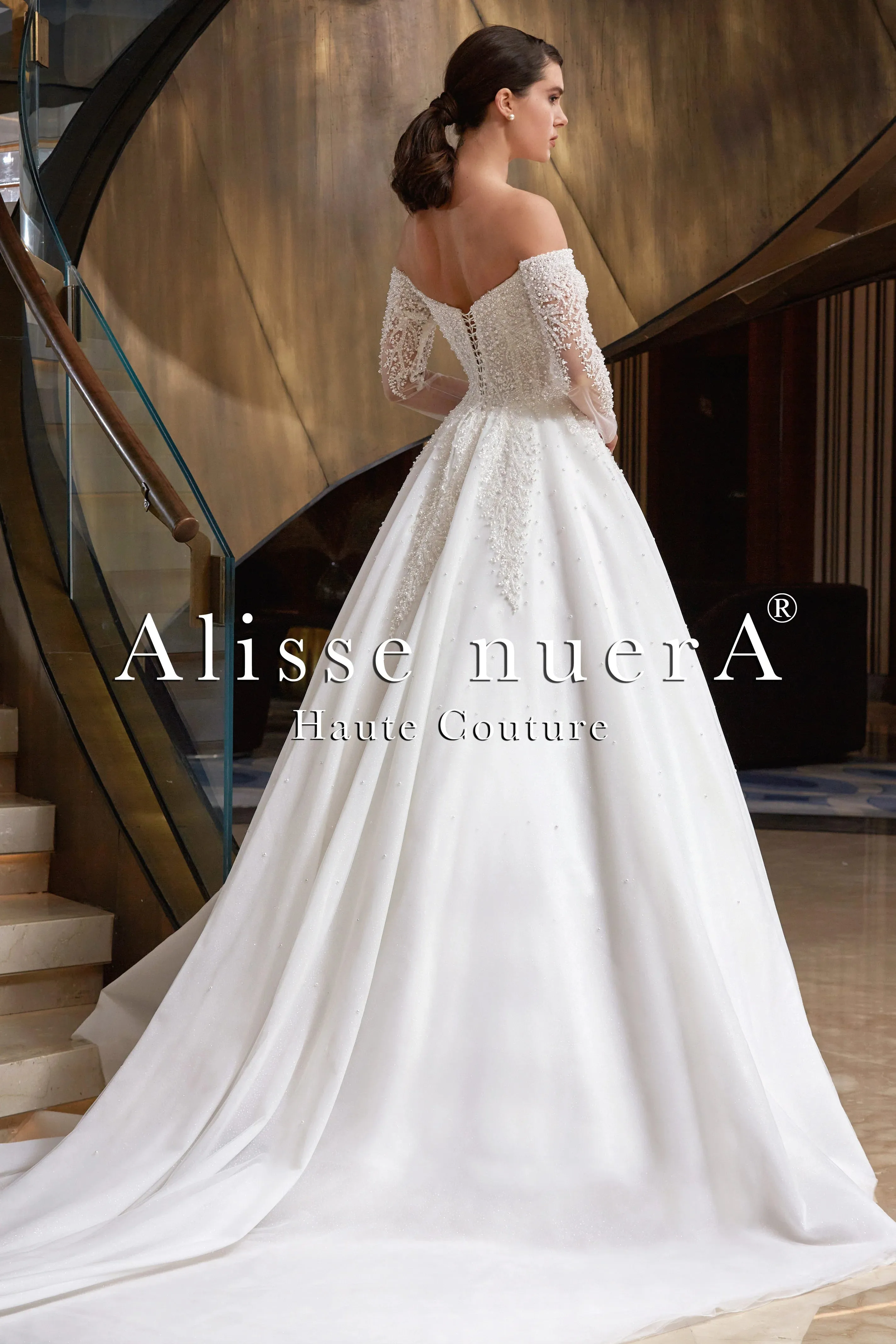 Off Shoulder Pearl Beaded Wedding Dress with Transparent Sleeve