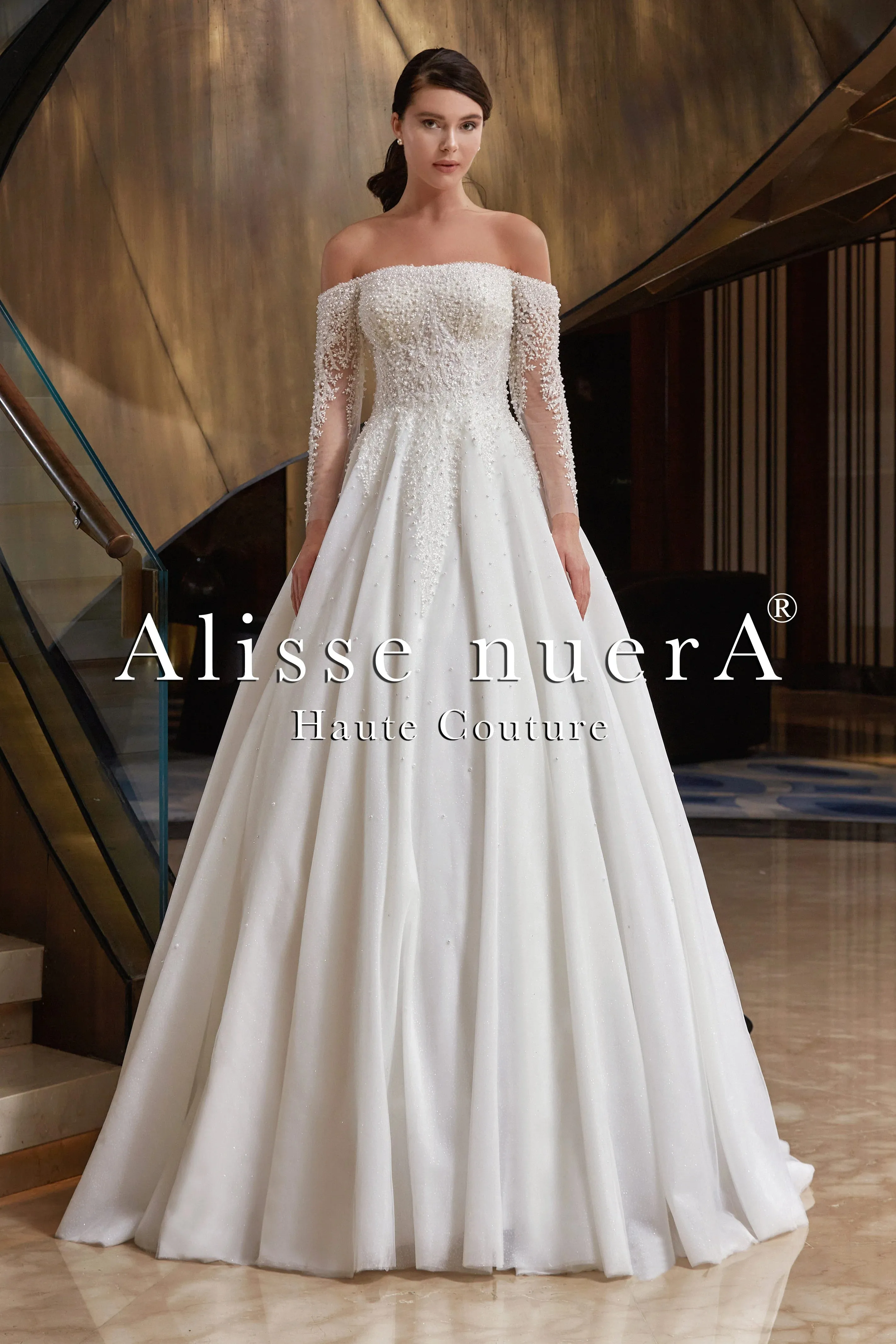 Off Shoulder Pearl Beaded Wedding Dress with Transparent Sleeve