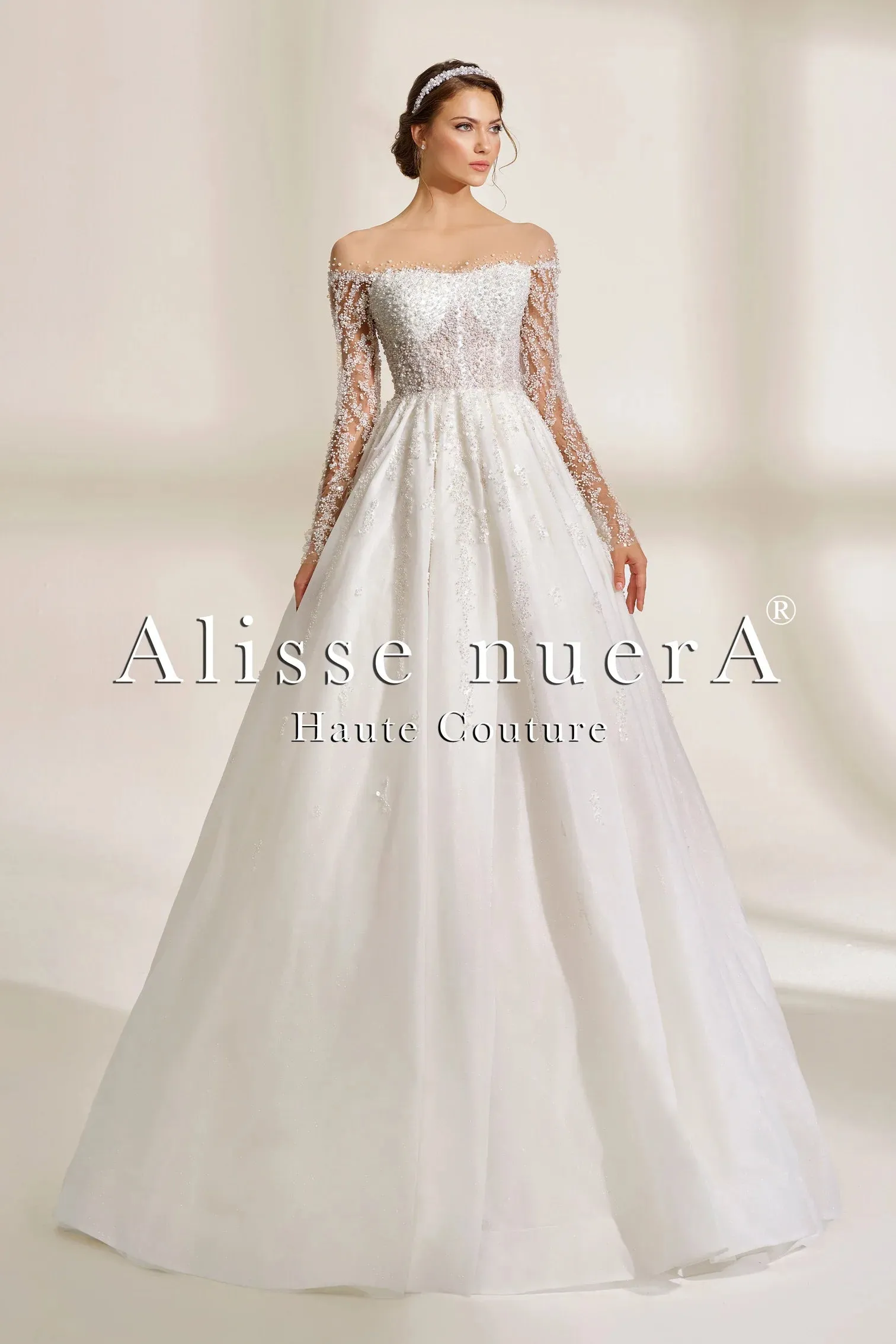 Pearl Embellished Off the Shoulder A Line Lace Wedding Dress with Long Sleeves