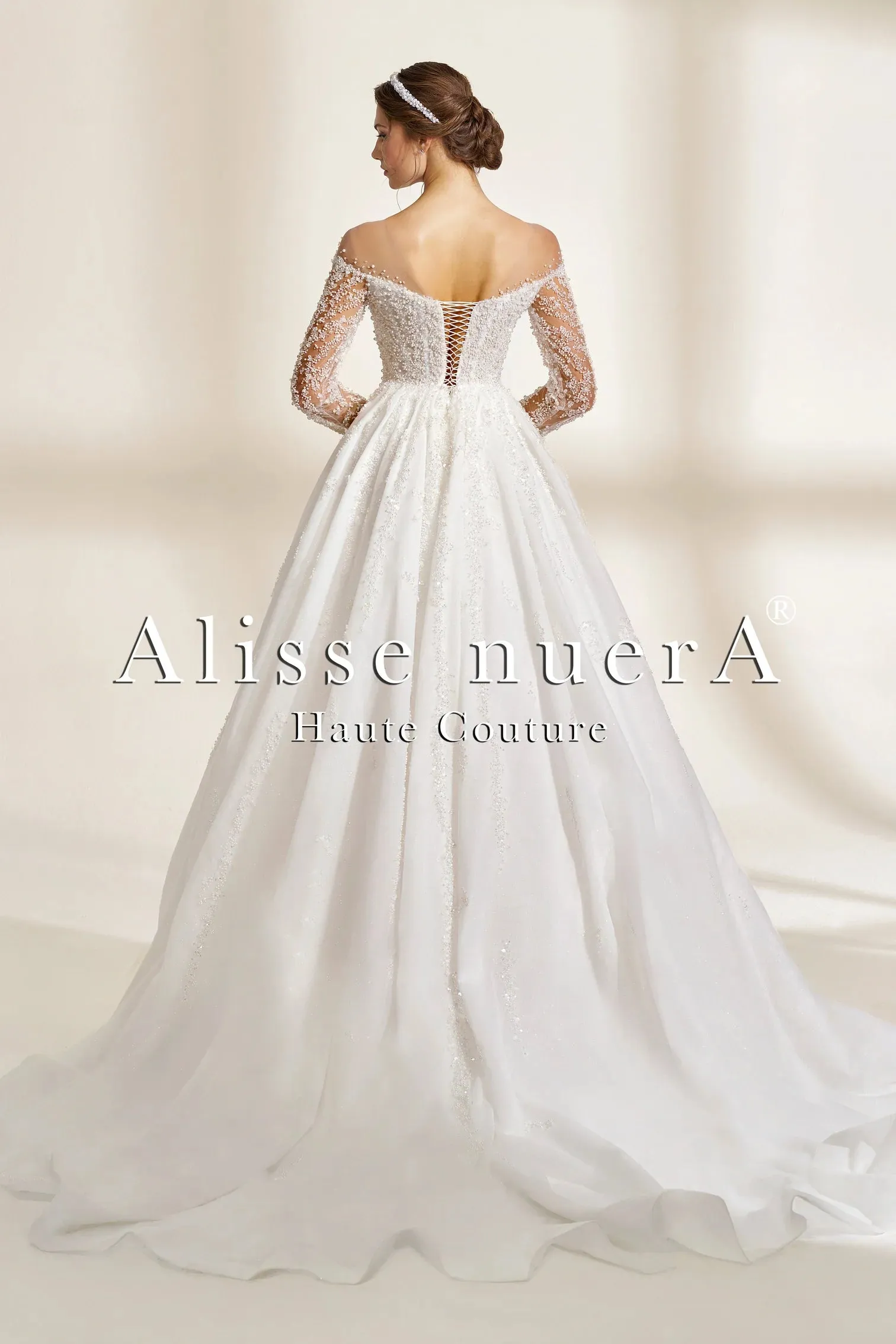 Pearl Embellished Off the Shoulder A Line Lace Wedding Dress with Long Sleeves