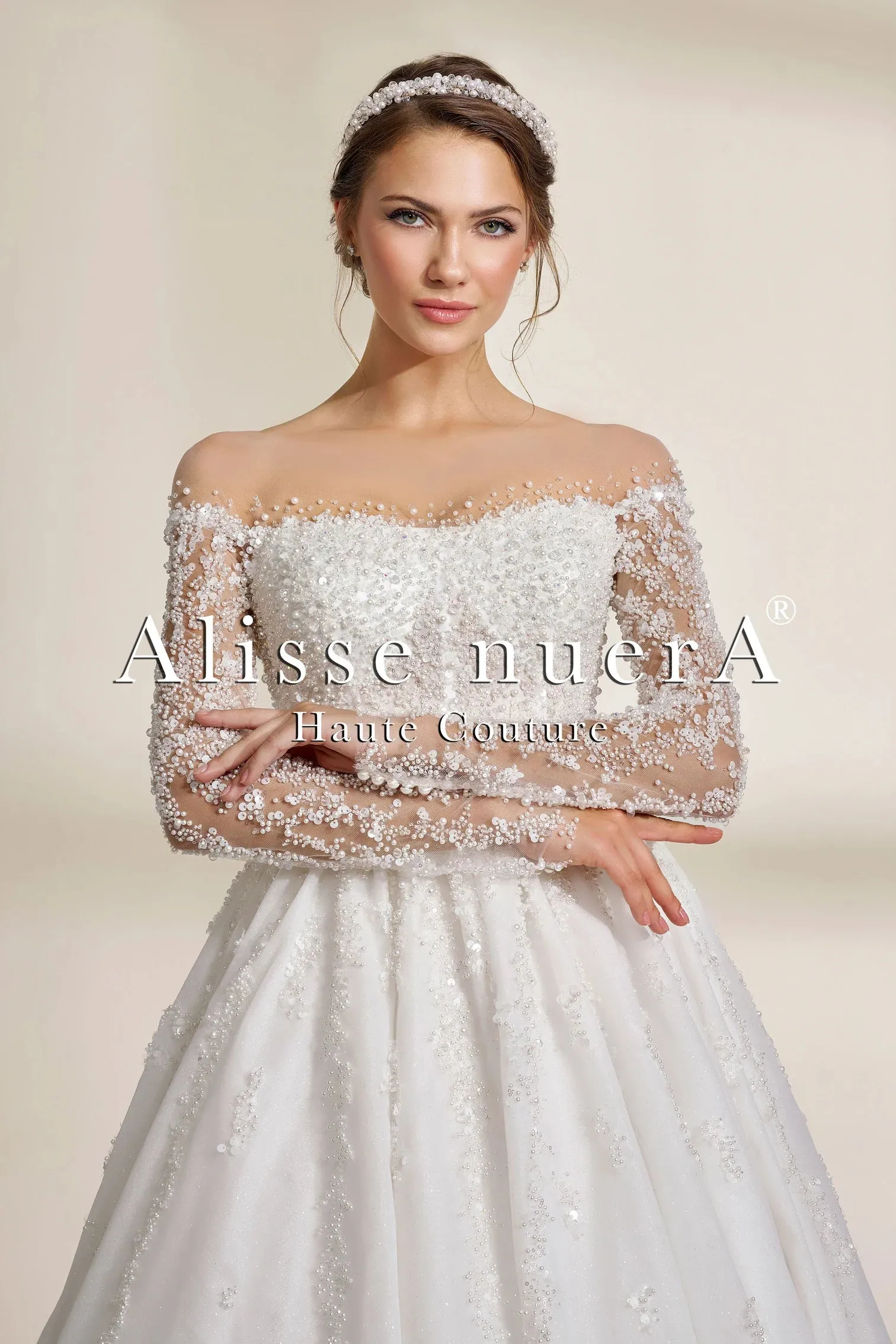 Pearl Embellished Off the Shoulder A Line Lace Wedding Dress with Long Sleeves