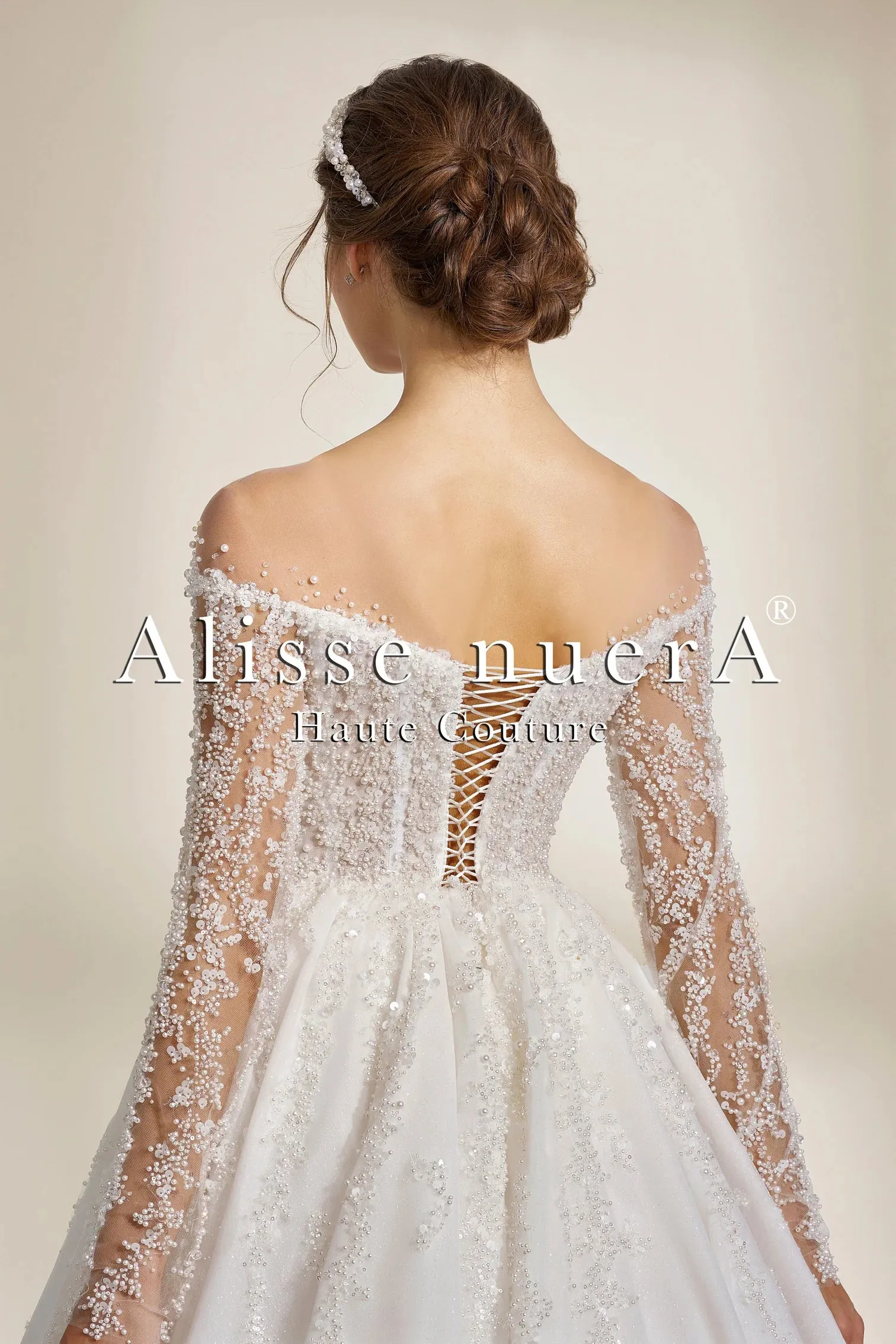 Pearl Embellished Off the Shoulder A Line Lace Wedding Dress with Long Sleeves