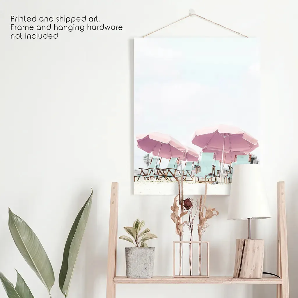 Pink Umbrella Wall Art Print. Summer Beach Theme