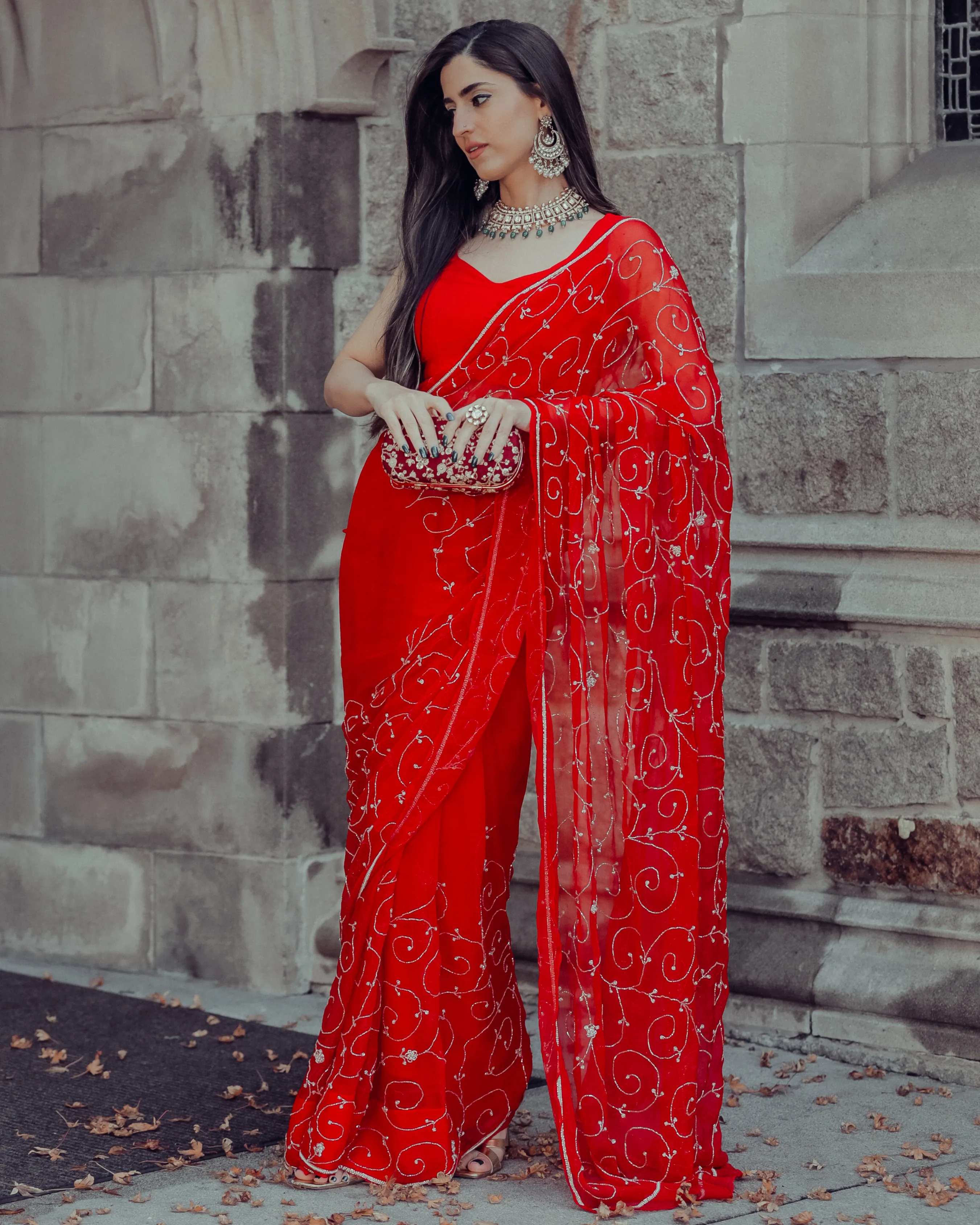 Red Joy Pure Chiffon Saree