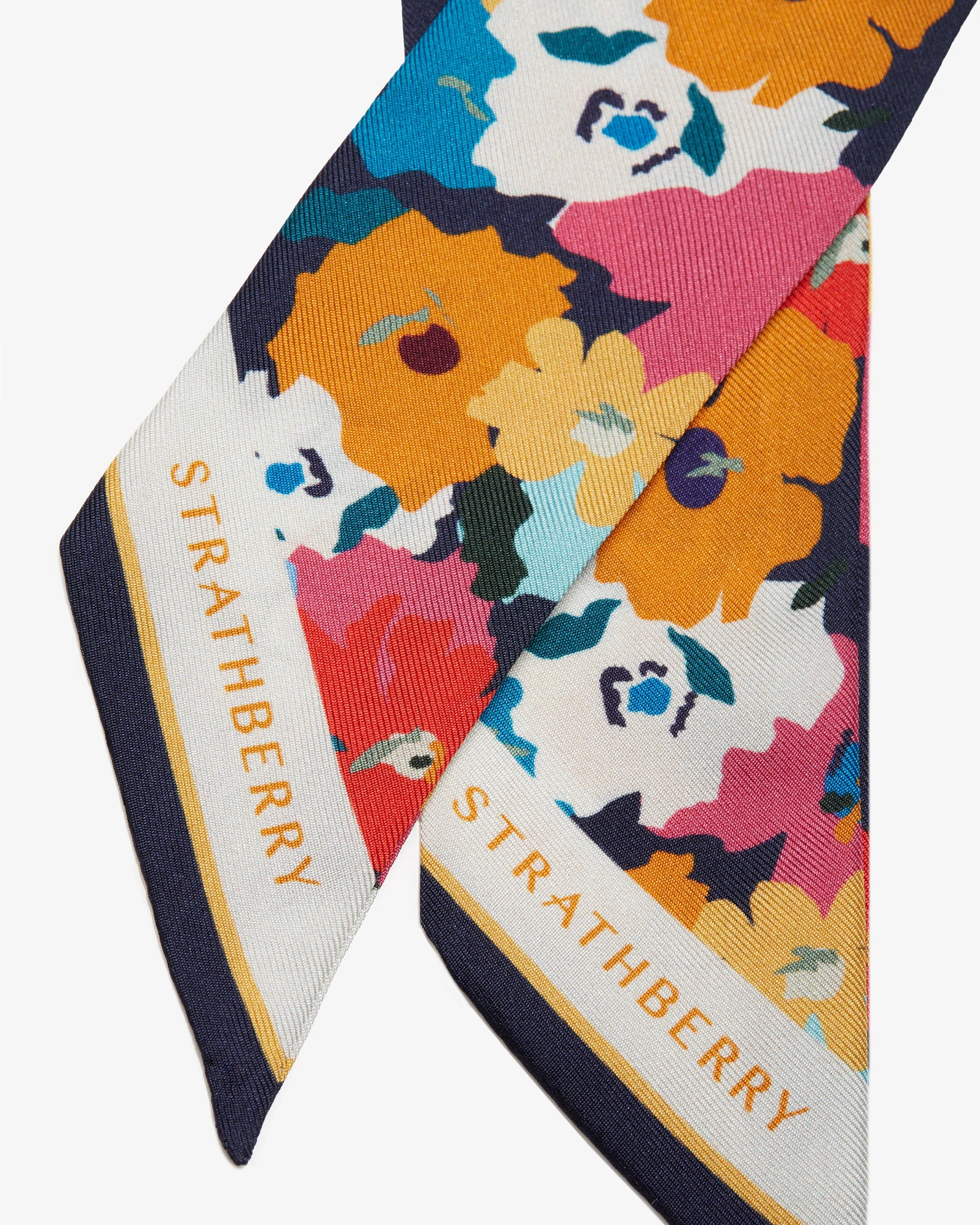 Silk Skinny Scarf - Navy Floral Print