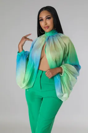 Summer Sexy Mesh Chiffon Shirt Women Perspective Gradient Printing Lace Up Split Irregular Shirt Women