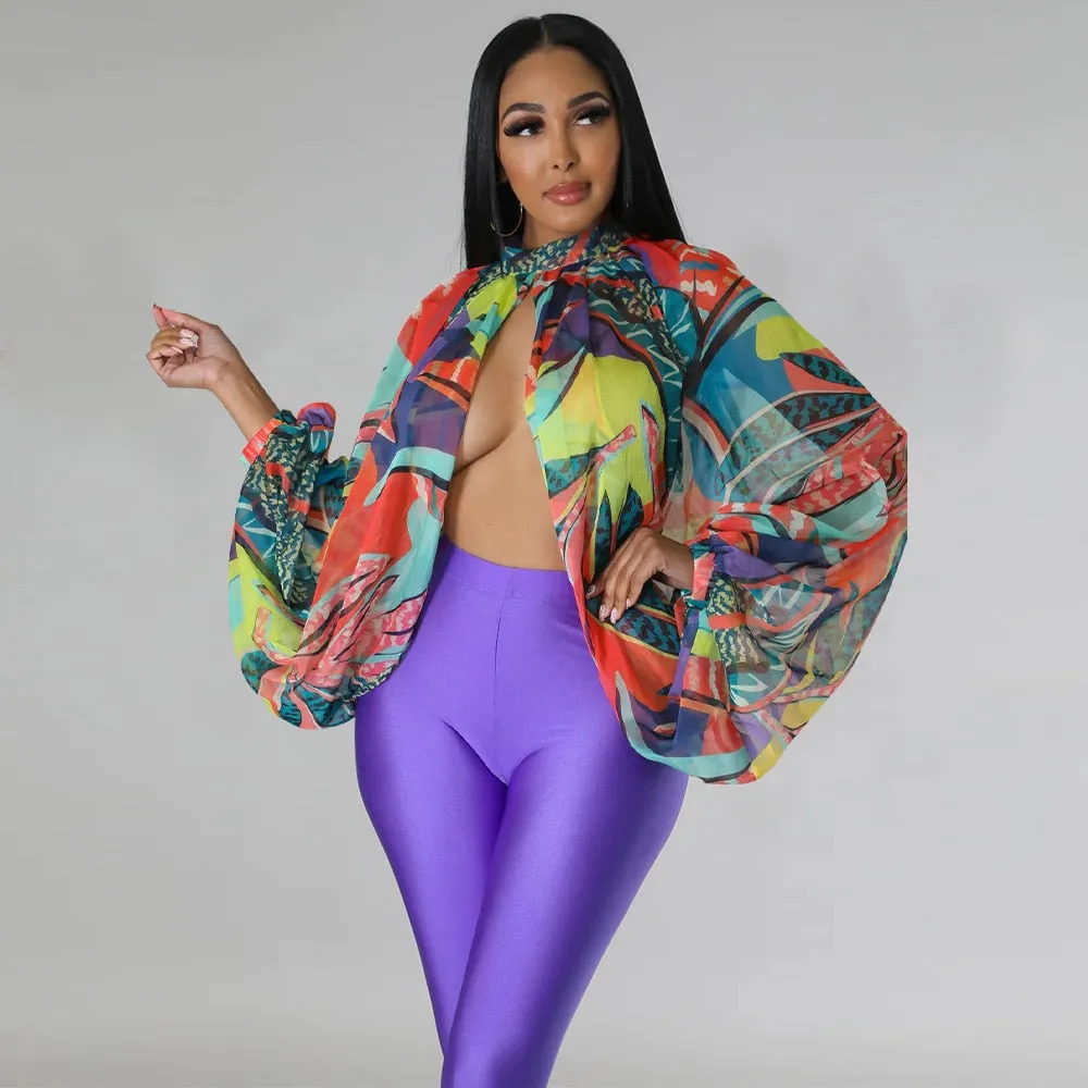 Summer Sexy Mesh Chiffon Shirt Women Perspective Gradient Printing Lace Up Split Irregular Shirt Women