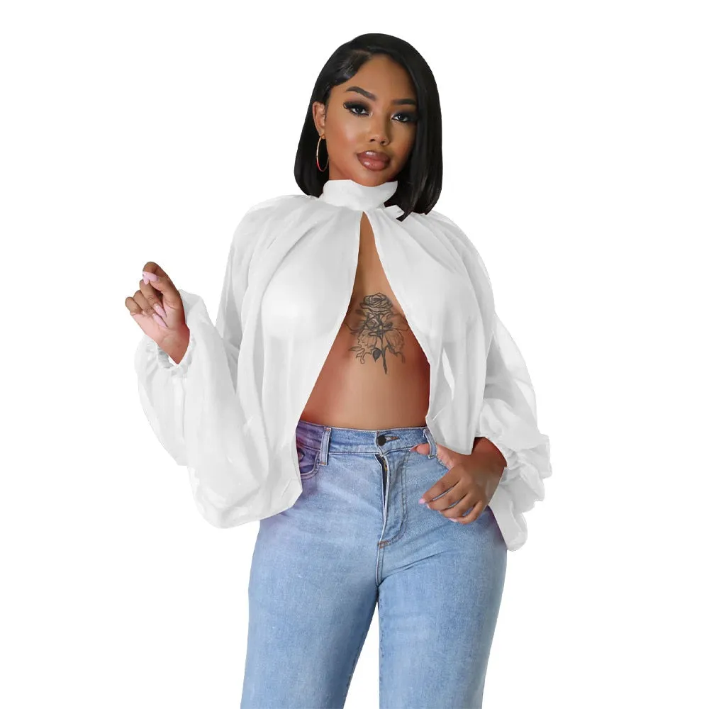 Summer Sexy Mesh Chiffon Shirt Women Perspective Gradient Printing Lace Up Split Irregular Shirt Women