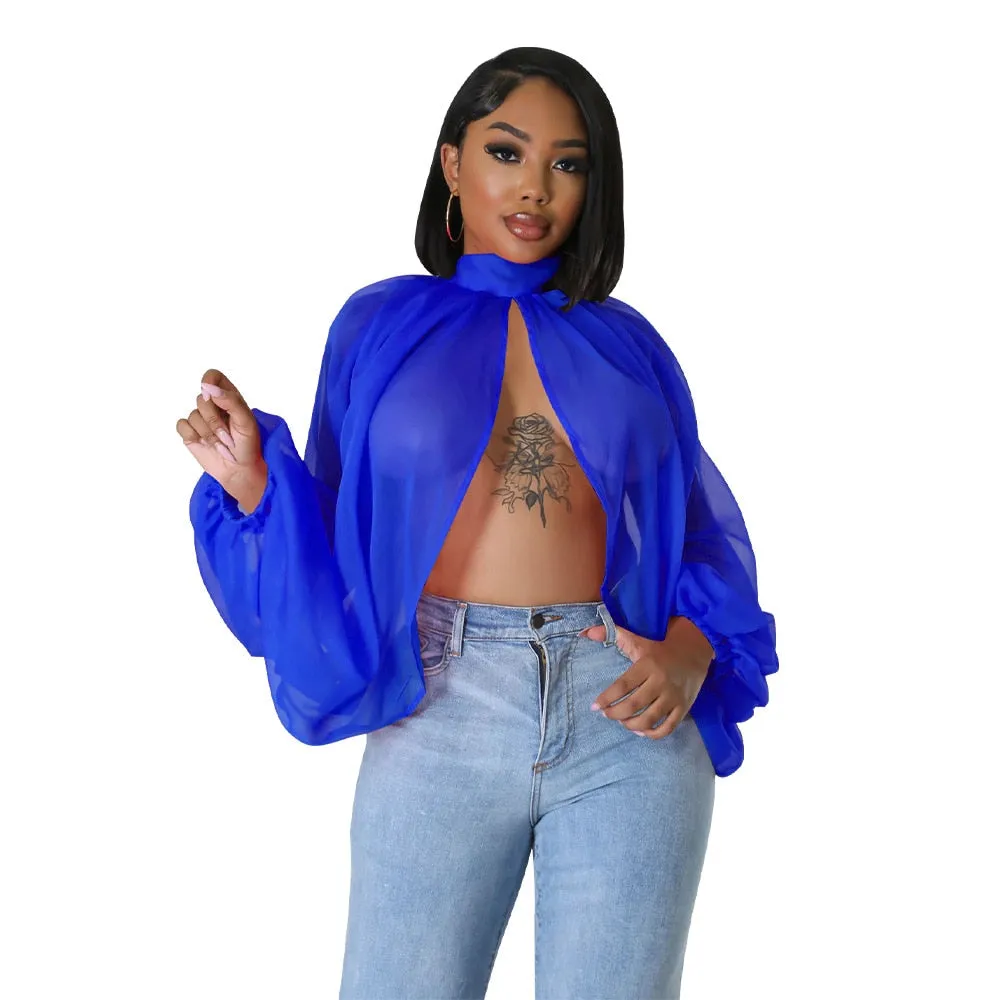 Summer Sexy Mesh Chiffon Shirt Women Perspective Gradient Printing Lace Up Split Irregular Shirt Women