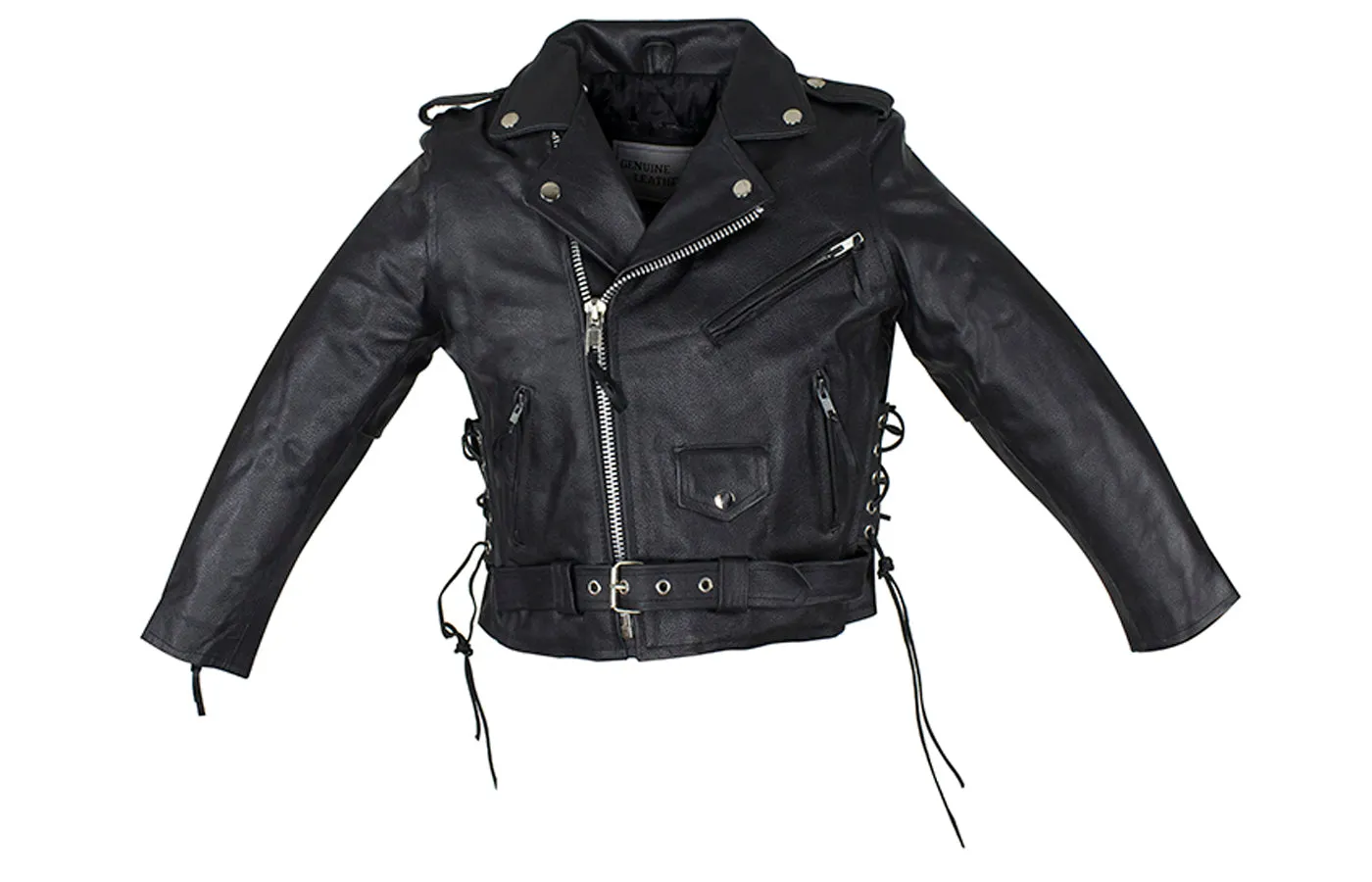 Teens Leather Motorcycle Jacket With Snap Down Collar