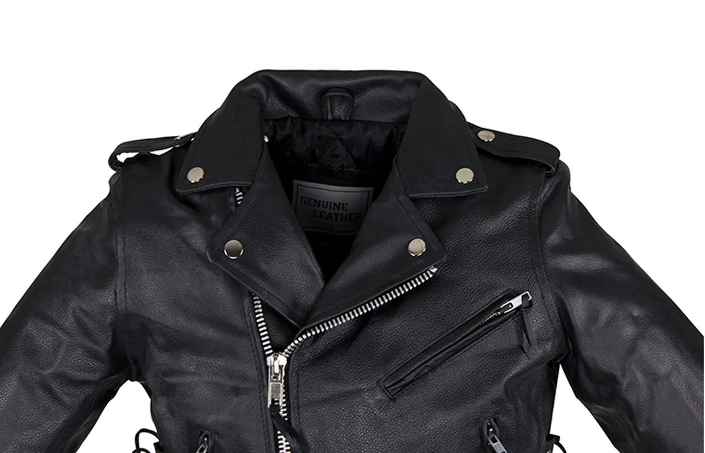 Teens Leather Motorcycle Jacket With Snap Down Collar