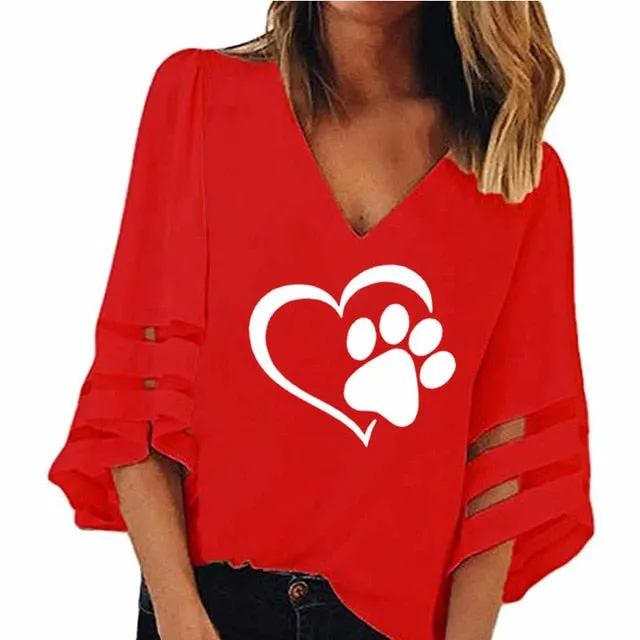 Travis Designs New Fashion Dog Paw Print Women Sexy V-neck Hollow Tops Half Sleeve T Shirts
