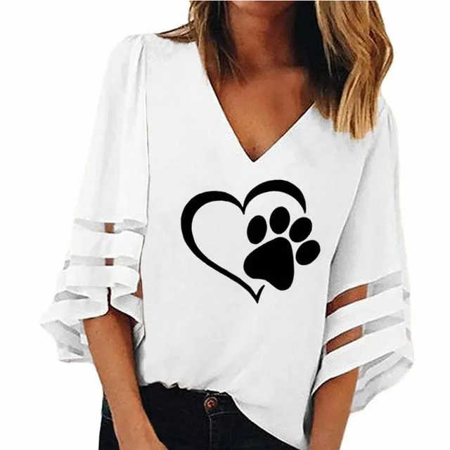 Travis Designs New Fashion Dog Paw Print Women Sexy V-neck Hollow Tops Half Sleeve T Shirts