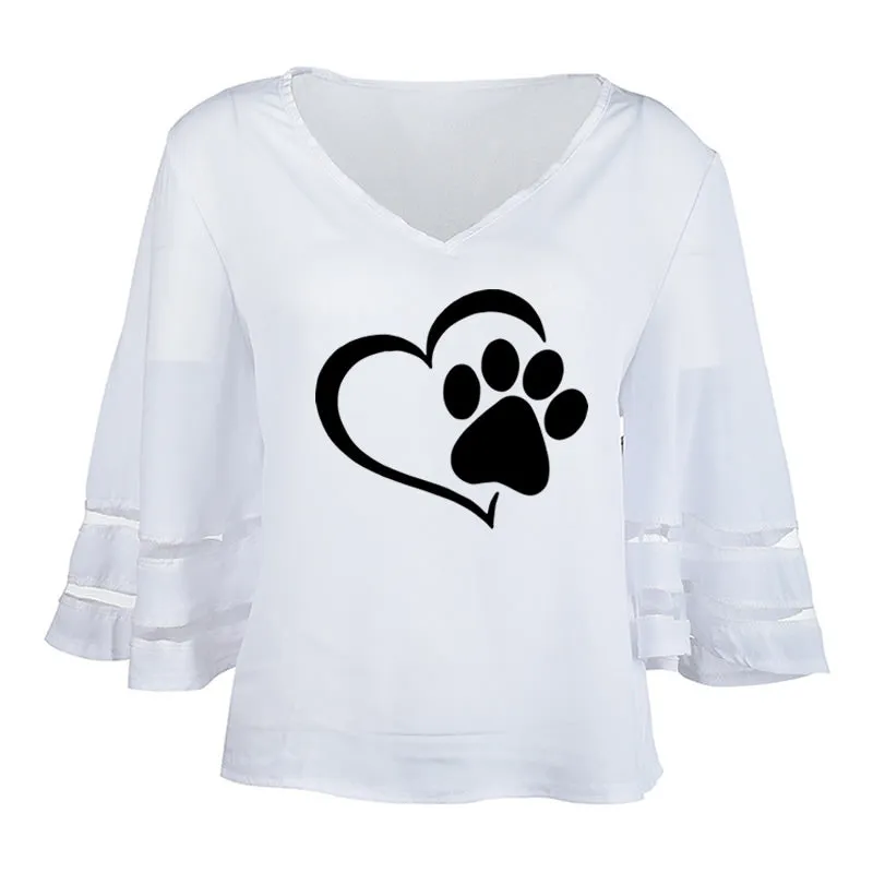 Travis Designs New Fashion Dog Paw Print Women Sexy V-neck Hollow Tops Half Sleeve T Shirts