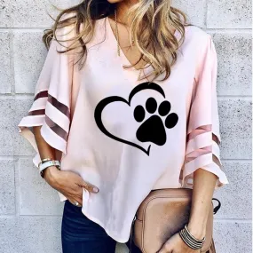 Travis Designs New Fashion Dog Paw Print Women Sexy V-neck Hollow Tops Half Sleeve T Shirts