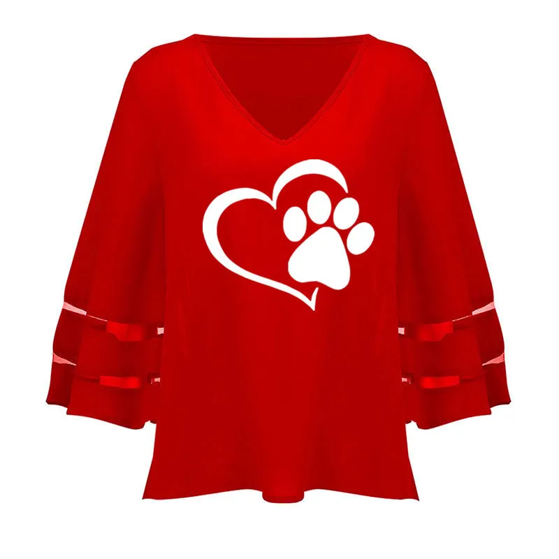 Travis Designs New Fashion Dog Paw Print Women Sexy V-neck Hollow Tops Half Sleeve T Shirts