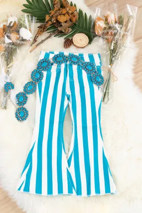 Turquoise stripe printed bootcut denim pants. PNG45133001-AMY