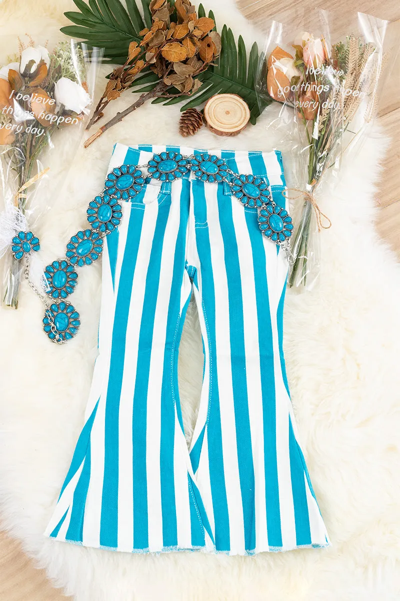 Turquoise stripe printed bootcut denim pants. PNG45133001-AMY