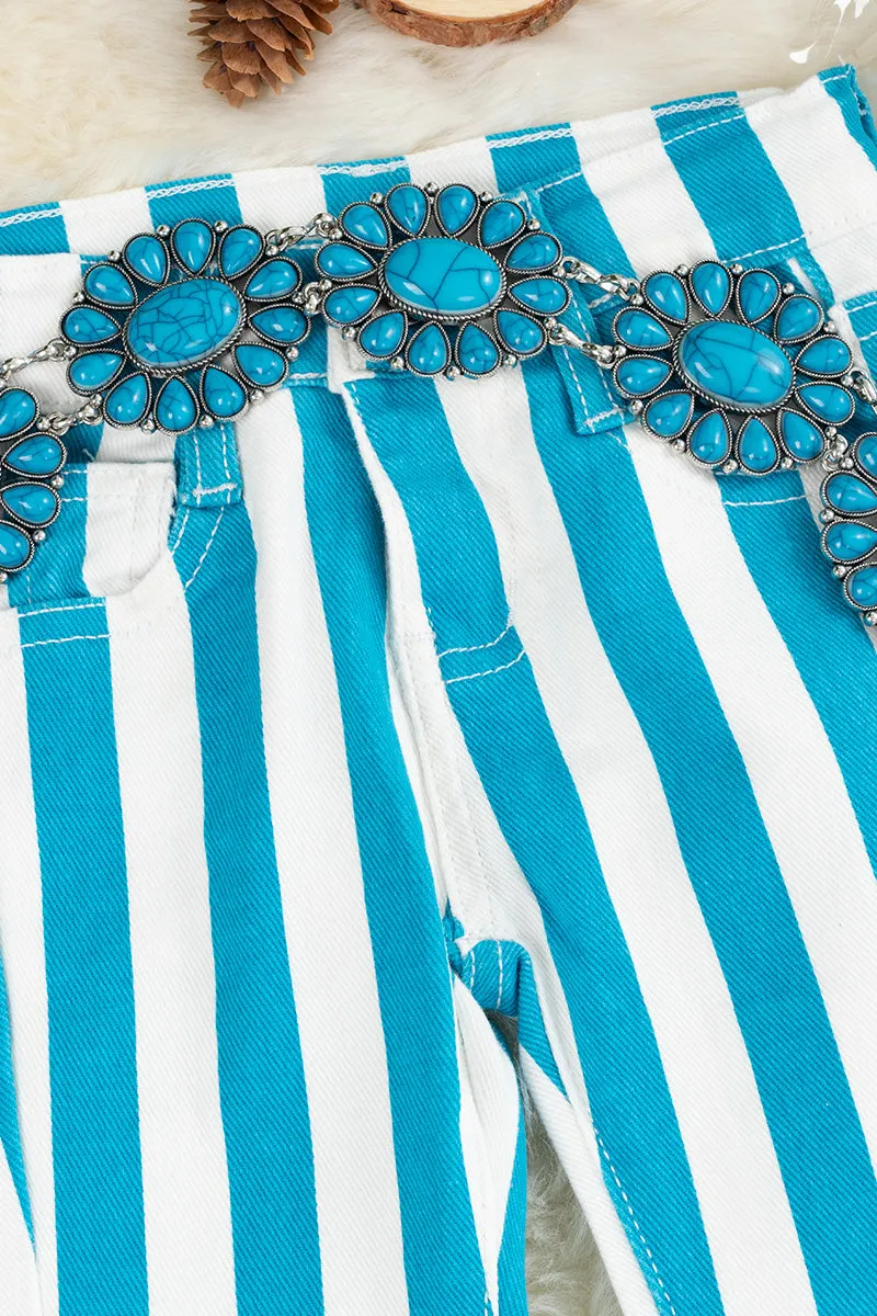 Turquoise stripe printed bootcut denim pants. PNG45133001-AMY
