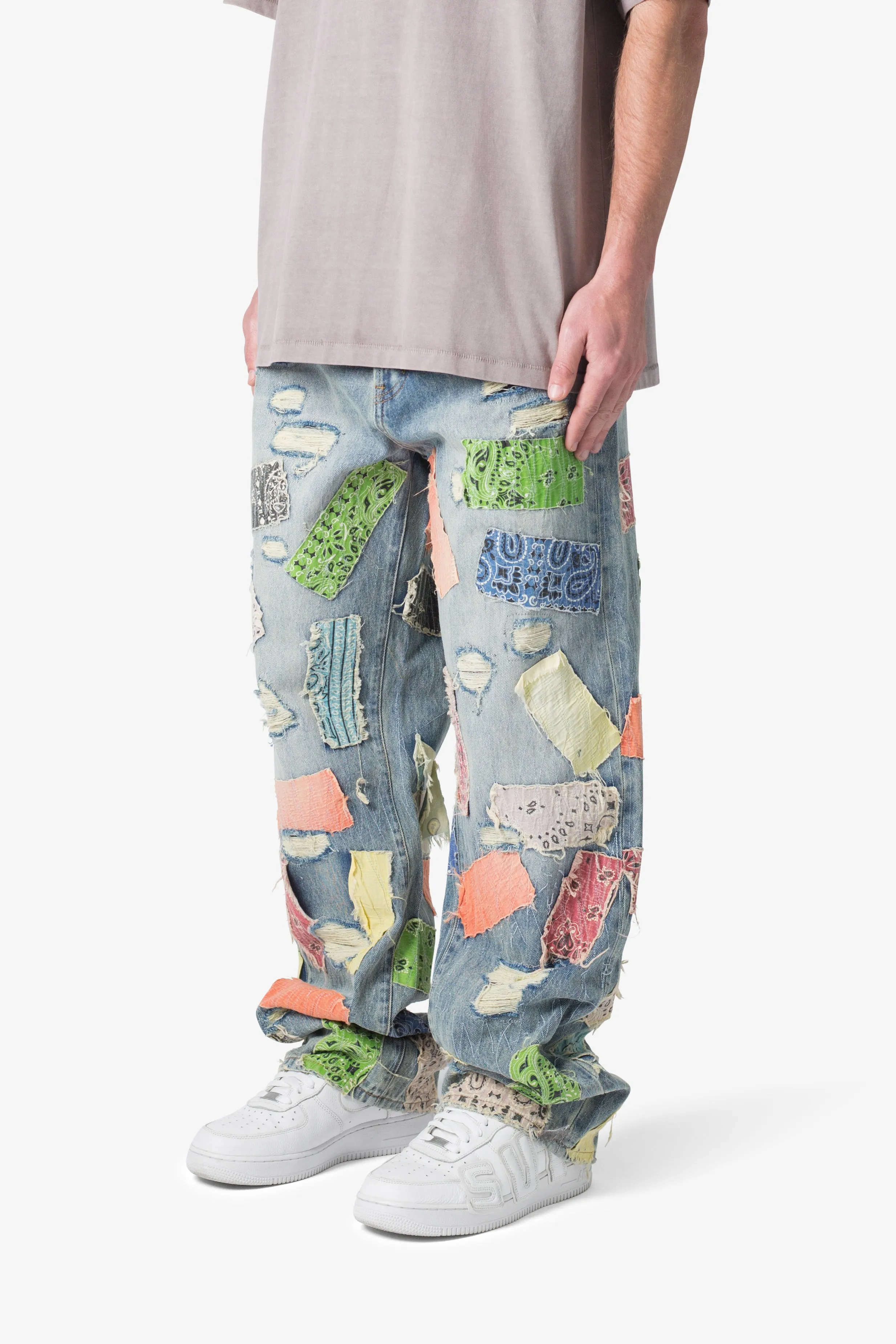 Ultra Baggy Multi-Color Bandana Patchwork Denim Jeans - Blue