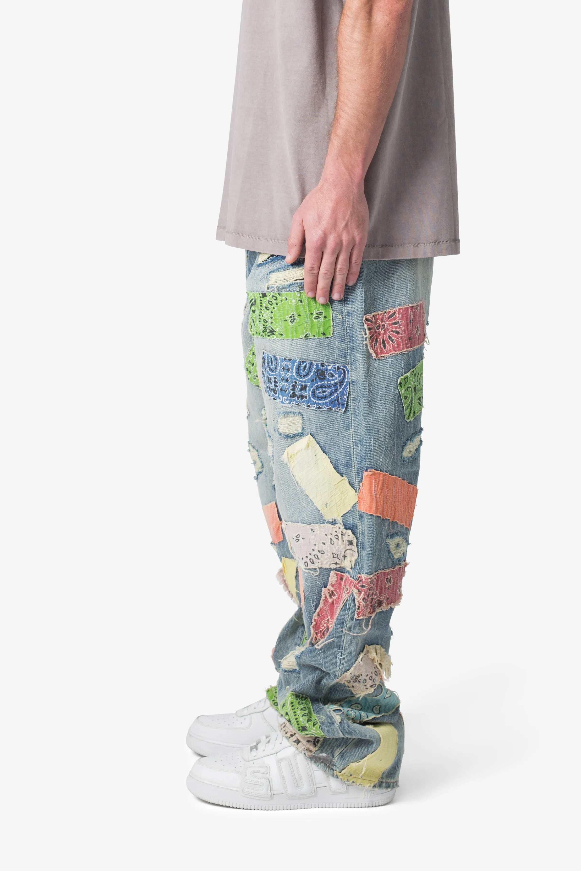 Ultra Baggy Multi-Color Bandana Patchwork Denim Jeans - Blue