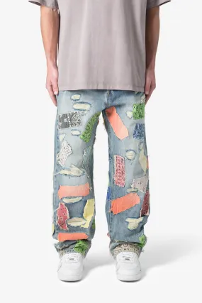 Ultra Baggy Multi-Color Bandana Patchwork Denim Jeans - Blue