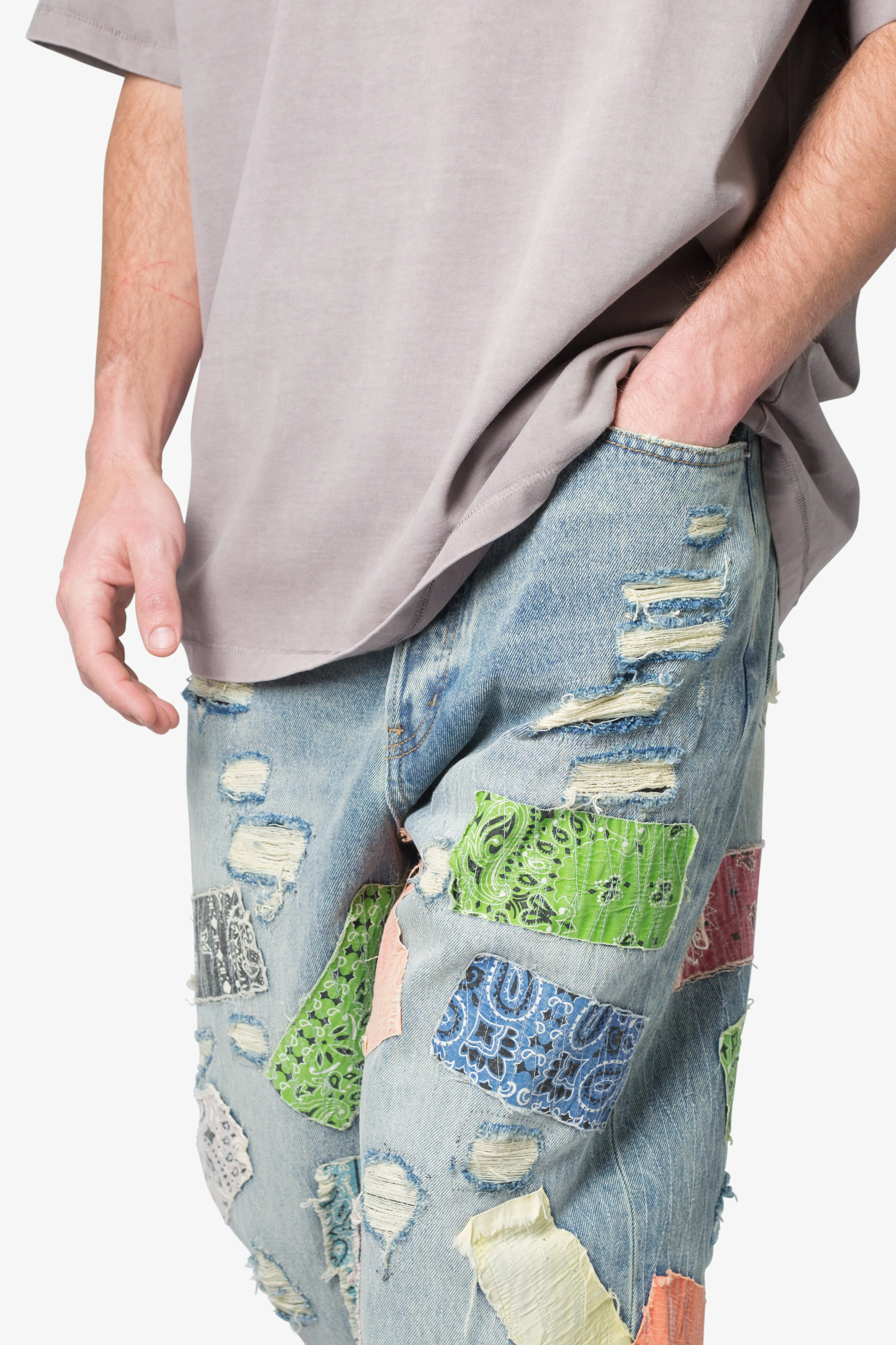 Ultra Baggy Multi-Color Bandana Patchwork Denim Jeans - Blue