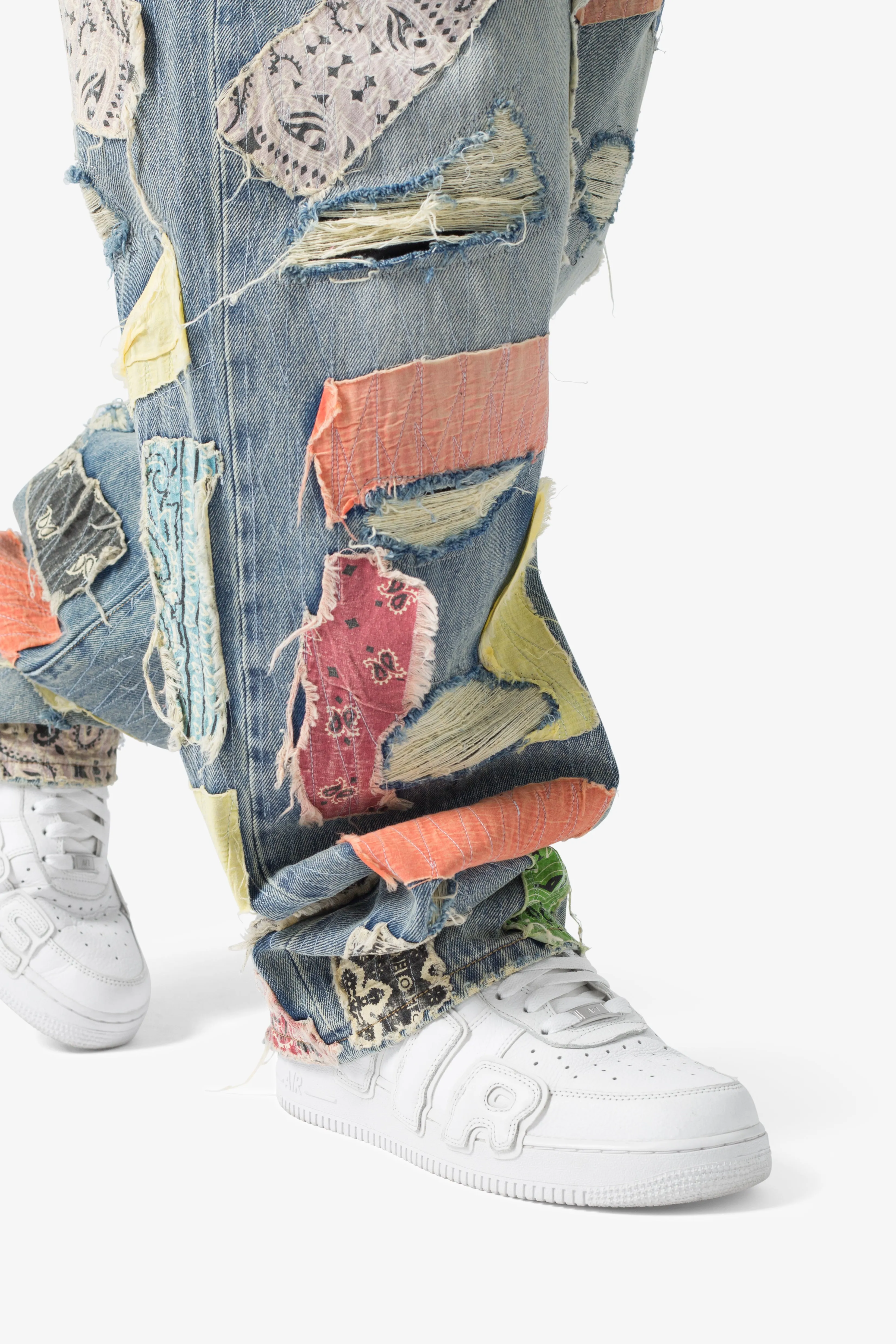 Ultra Baggy Multi-Color Bandana Patchwork Denim Jeans - Blue