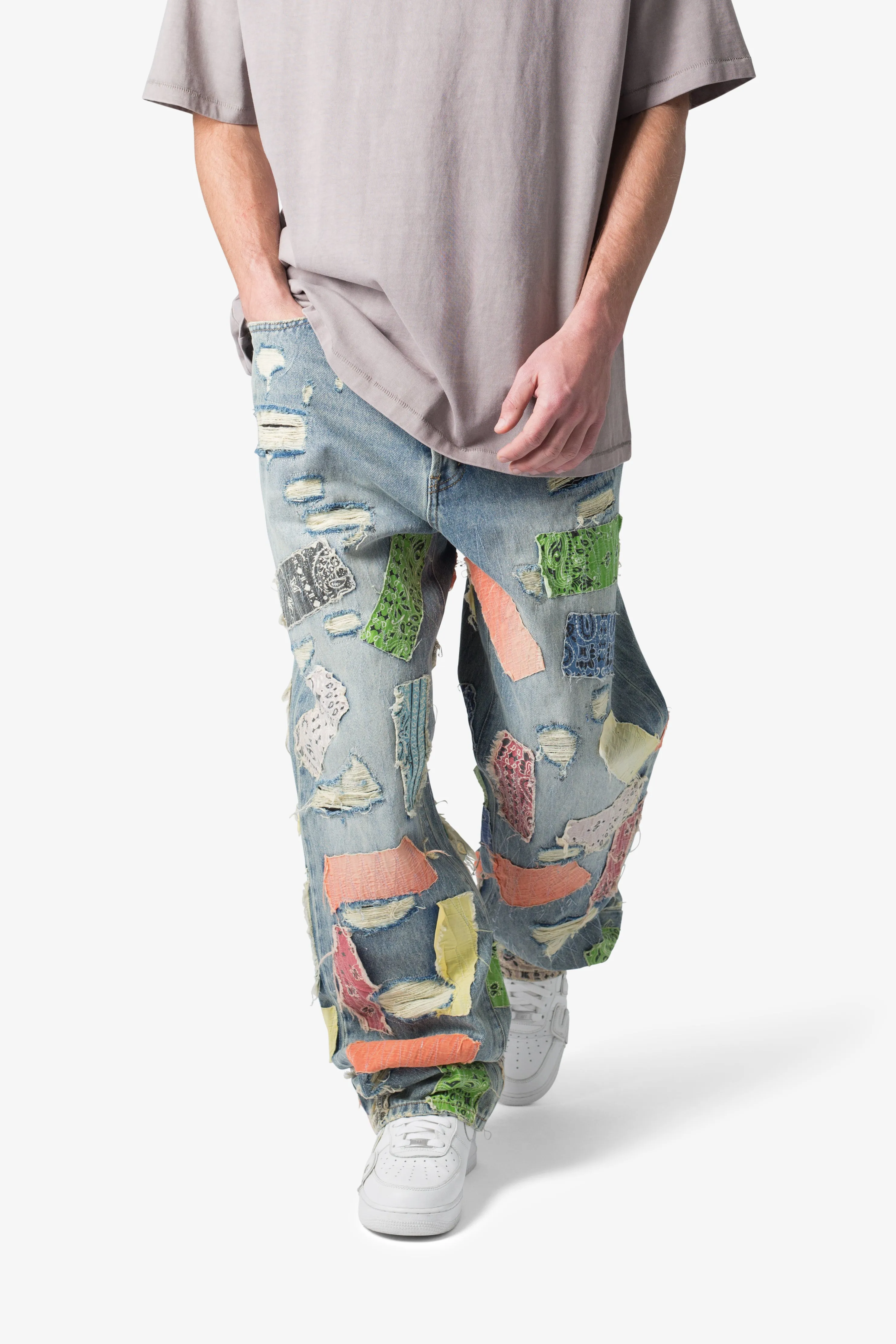 Ultra Baggy Multi-Color Bandana Patchwork Denim Jeans - Blue
