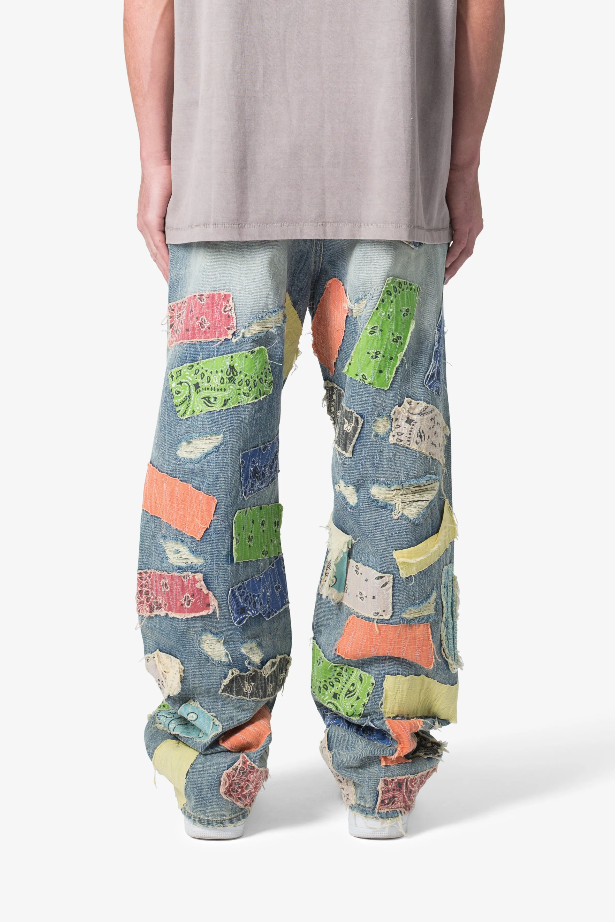 Ultra Baggy Multi-Color Bandana Patchwork Denim Jeans - Blue