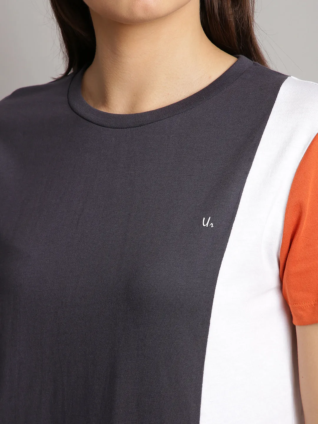 Women Dark Blue & Orange Cotton Round Neck T-shirt