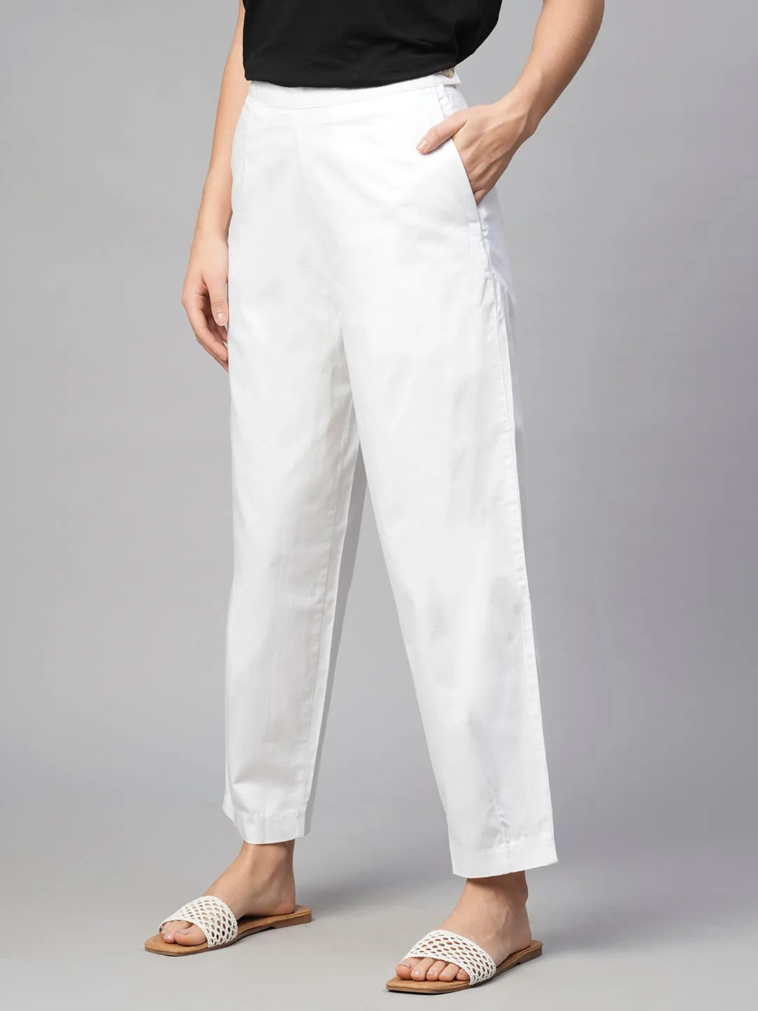 Women's White Cotton Elastane Regular Fit Pant
