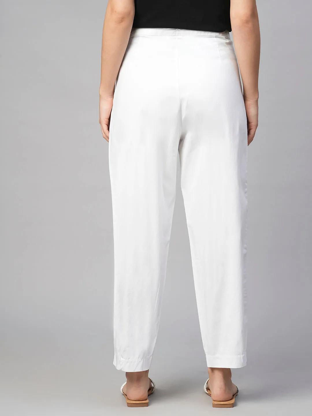 Women's White Cotton Elastane Regular Fit Pant