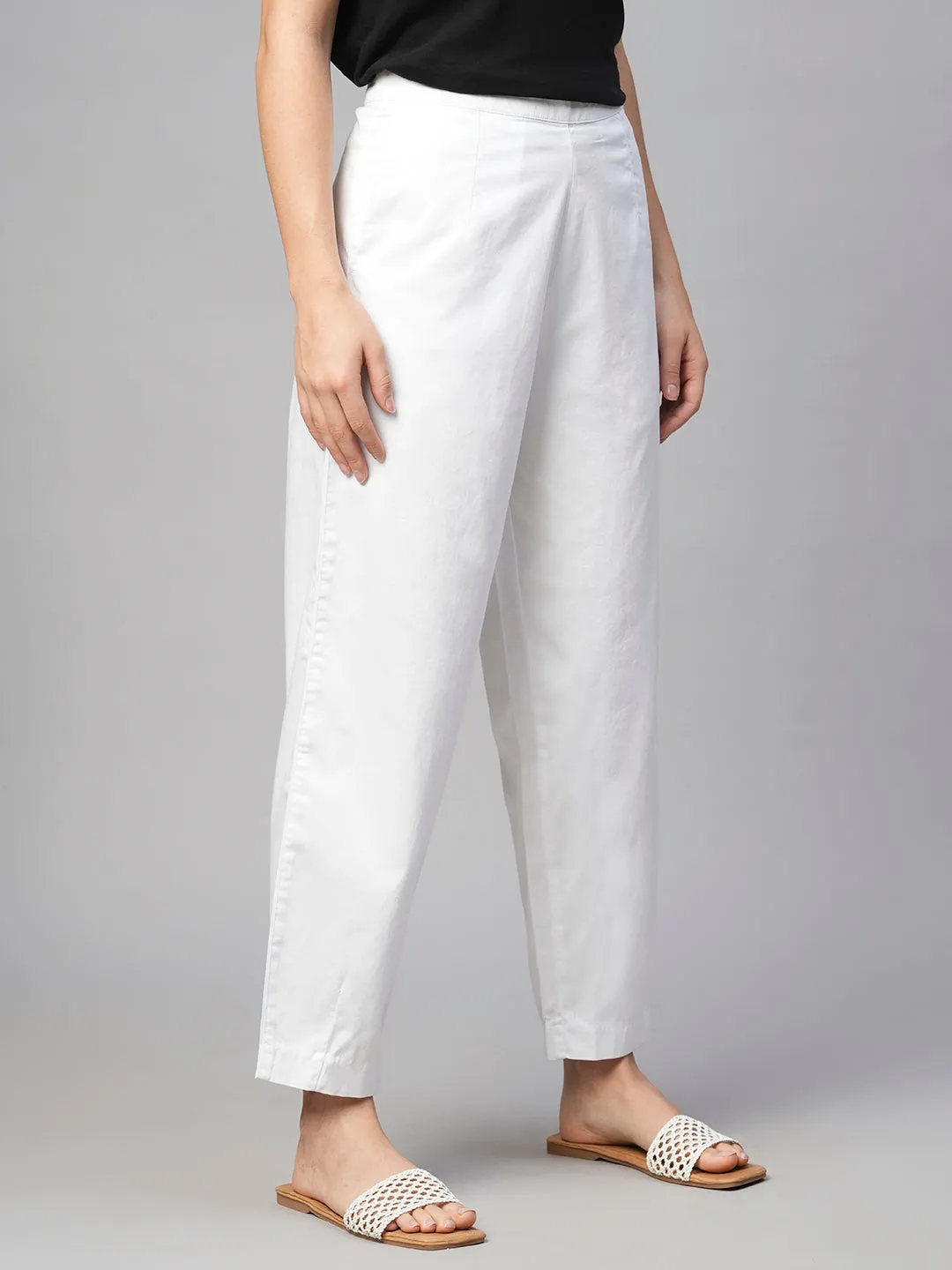 Women's White Cotton Elastane Regular Fit Pant